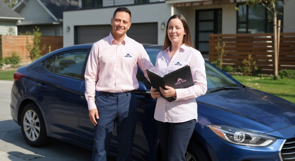 Two MOLLY MAID Franchise Partners standing in front of a MOLLY MAID car outside a client home