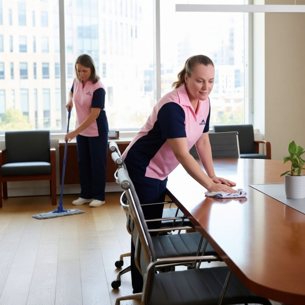 Two MOLLY MAID professionals providing light commercial cleaning in an office