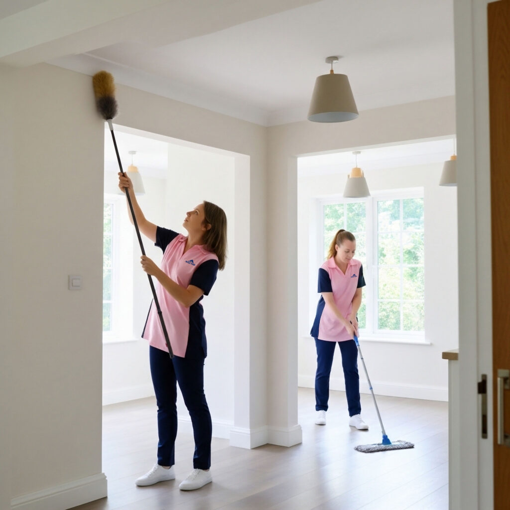 MOLLY MAID team of two providing moving cleaning service while dusting