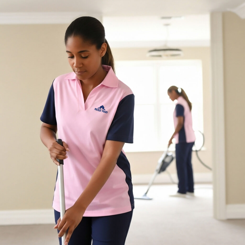 Two MOLLY MAID professionals performing professional post-construction cleaning in a newly renovated home