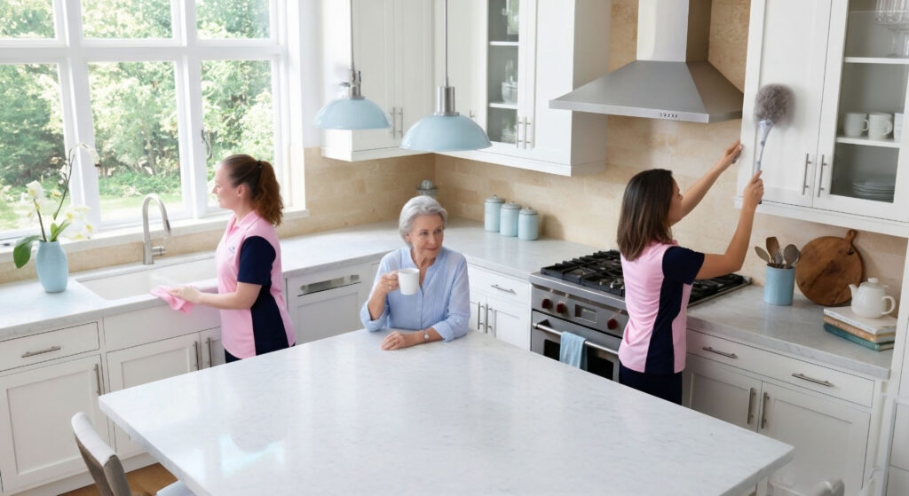 Senior woman enjoying coffee while MOLLY MAID professionals provide reliable cleaning for seniors.